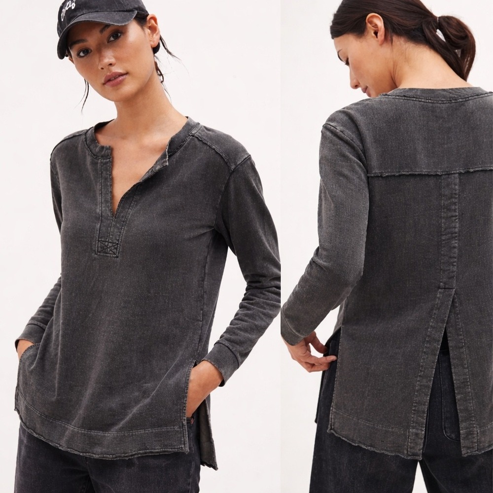 Anthropologie Pilcro Split Hem Tunic‎ Sweatshirt Grey Henley Size Medium